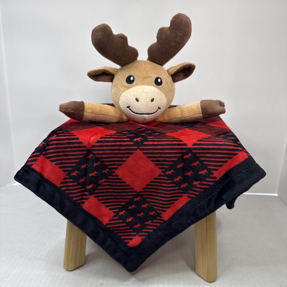 Moose Red Black Buffalo Plaid Fleece Security Blanket Lovey Plush 15" X 15" HTF